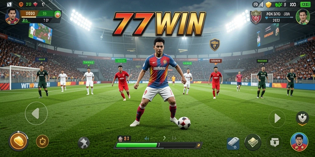 Tampilan gameplay seru dalam aplikasi 777WIN yang bertema sepak bola.