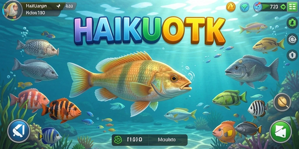 Gameplay seru HAIKUOTK dengan berbagai jenis ikan.
